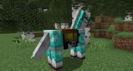 A horse in Minecraft wearing diamond armor